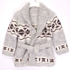 Handmade Wool Cowichan Cardigan Sweater Shawl Collar Belted Grey Geometric Women